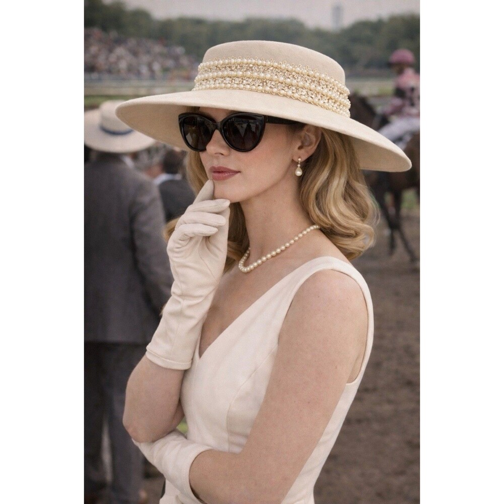 Vintage Georgi Wool Wide Brim Hat Pearl Trim Elegant Derby Church USA